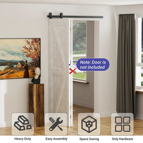 Two Door Bi Folding Sliding Barn Door Hardware Kit 42 Inch Black Track Top Mount Rollers in room, door not included.