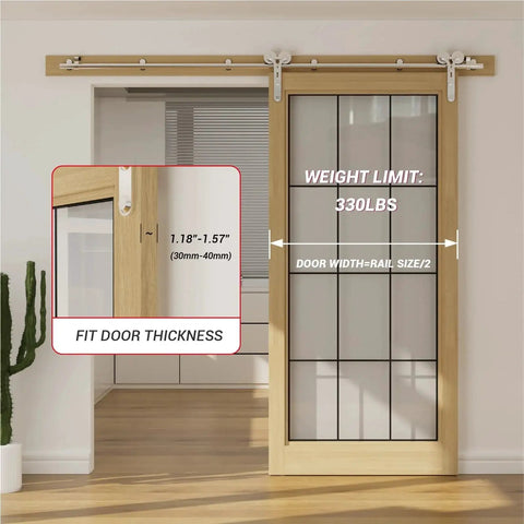 Stainless Steel Sliding Barn Door Hardware Kit With 7Ft Rail Installed on Wooden Door, Showing Weight Limit and Fit Door Thickness
