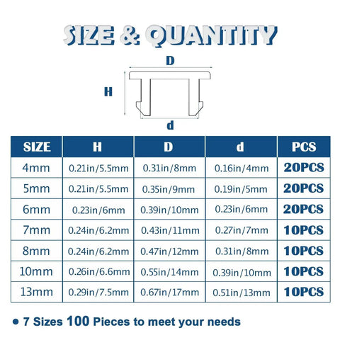 Assorted 100 Pack Silicone Hole Plugs Set White Frosted Surface For Round Holes Includes 4mm 5mm 6mm 7mm 8mm 10mm And 13mm Sizes