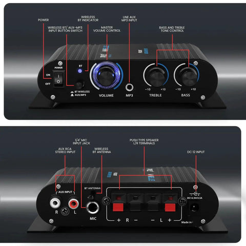 Wireless Bluetooth Home Audio Amp With 90W Dual Channel Power front and back view showing controls and inputs