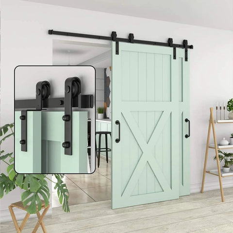Heavy Duty Sliding Barn Door Track Hardware Kit With Ceiling Mount, Bypass System, shown with mint green door, black hardware