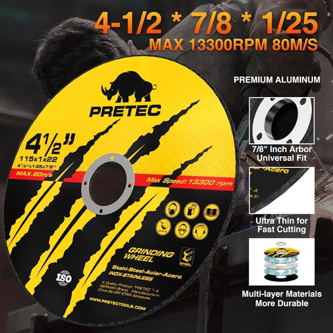 Cut Off Wheel Set 4-1/2 Inch For Angle Grinders 7/8 Inch Arbor Thin Metal Cutting Discs For Fast Cuts In Steel Stainless And Aluminum 50 And 5 Pack PRETEC High Speed 13300 RPM shown with specifications and features