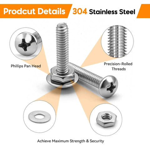 Stainless Steel Nuts And Bolts Kit With 720 Pieces Of Phillips Pan Head Screws Nuts And Flat Washers In Case For DIY Projects And Repairs Sizes 10 24 8 32 6 32 4 40 Heavy Duty Outdoor Grade Hardware Assortment showing details of Phillips pan head and precision-rolled threads in 304 stainless steel.