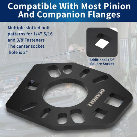 Stainless Steel Pinion Yoke Wrench with various bolt patterns and additional 1/2 inch socket, compatible with Ford AMC Dana GM axles.