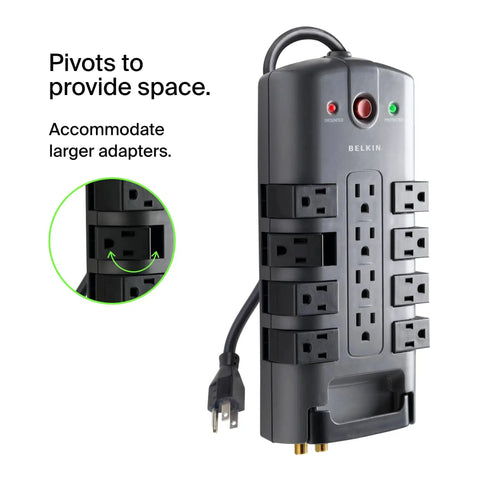 Surge Protector Power Strip With Eight Rotating Outlets And Four Standard Sockets, Eight-Foot Extension Cord, Flat Pivot Plug