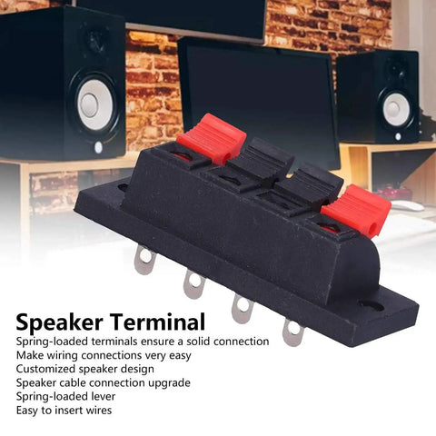 4 Way Speaker Connector Spring Loaded Terminal Kit Black ABS Metal Build for Easy Wiring Handles Zero to Two Hundred Fifty Volts Three Amps Rating Durable Audio Terminal Clips