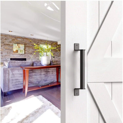 9 Inch Black Barn Door Handles 2 Pack Gate Pulls For Wooden Fences Sheds And Garages Sliding Doors Rustic Farmhouse Industrial Style Exterior And Interior Pulls Frosted Black Finish For Outdoor And Indoor Use installed on white barn door