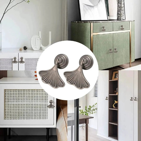 Ginkgo Leaf Shape Knob Handles, 2 Pack Antique Nickel Zinc Alloy Drawer Pulls shown on various cabinets and wardrobes.