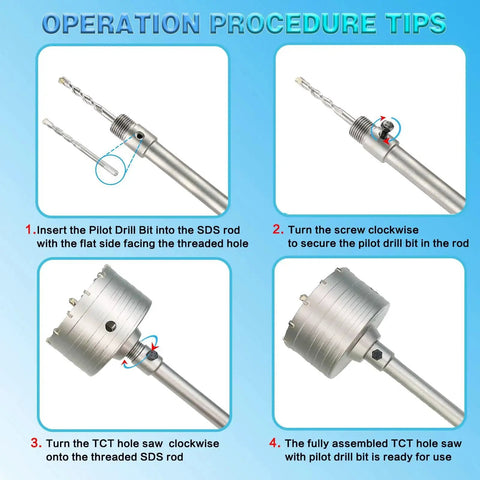 4 Inch Concrete Hole Saw Kit With SDS Plus Shank Tungsten Steel Core Bit And 2 Center Positioning Drill Bits, assembly steps