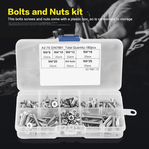 180Pcs M4 Socket Screws Set With 304 Stainless Flat Head Nuts Assortment Kit organized in a plastic storage box