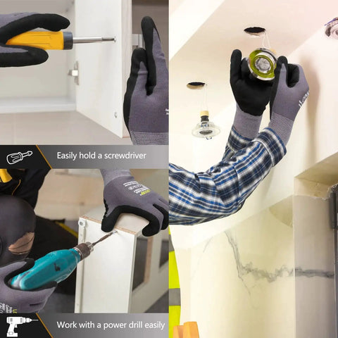 MicroFoam Nitrile Coated Work Gloves 6 Pairs Seamless Knit Nylon Gray 9 Large in use with screwdriver and power drill.