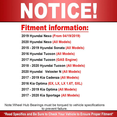 Notice on fitment information for Hyundai and Kia models, including Nexo, Sonata, Tucson, Optima, and Sportage.