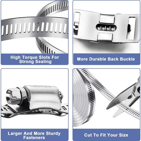 Features of DIY Stainless Steel Hose Clamp Kit With 50 Ft Metal Strap Roll And 24 Fasteners, including slots, buckle, fasteners, and cuttable strap
