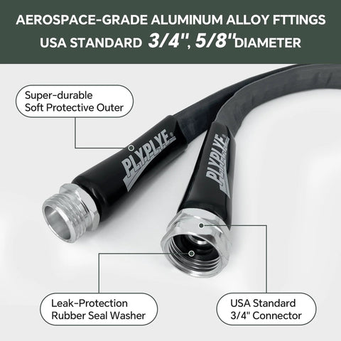 Garden hose, 75 ft non-expanding, black and gray with two USA standard 3/4 inch connectors and rubber seal washer