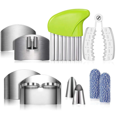 10 Piece Finger Guard Set For Cutting Kitchen Protection With Stainless Steel Finger Protectors, Crinkle Cutter, Slicer Grater, And Finger Cots For Safe Food Prep On Potatoes, Lettuce, Carrots, And Veggies One Size