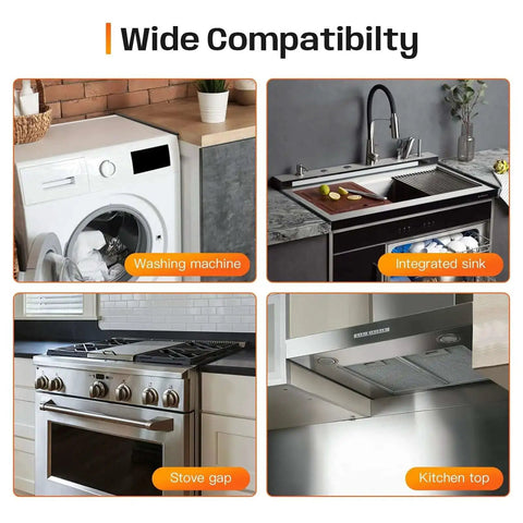 Image showing wide compatibility of kitchen appliances including washing machine, integrated sink, stove gap, and kitchen top.