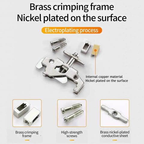 Brass crimping frame, nickel plated, shown disassembled with high-strength screws and conductive sheet.