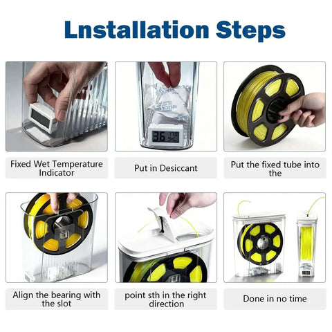 Installation steps for Moisture-Proof 3D Printing Filament Dryer Box With Built-In Desiccant, showing temperature indicator and filament insert.