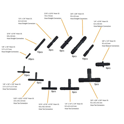 Heat Resistant Nylon Vacuum Tubing Connector Kit 113 Pcs 12 Sizes Automotive Hose Tee and Reducer Assortment 240 C 460 F Black
