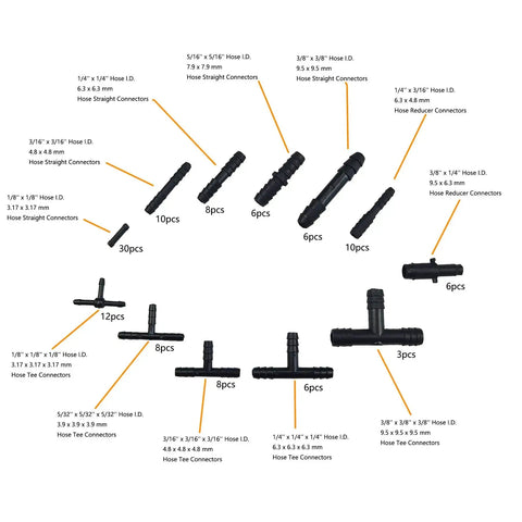 Go-To Silicone Vacuum Hose Kit 6 Pack With 5ft Tubing In 1/8 To 3/8 Inch Diameters And 113 Nylon Connectors assortment displayed