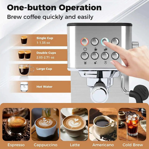 Front view of 20 Bar Espresso Machine With Milk Frother Compact Stainless Steel Coffee Maker with buttons and drink options displayed.