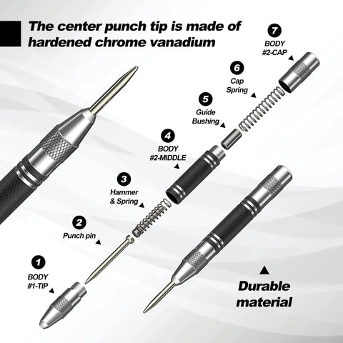 Diagram of Two Pack Automatic Center Punch 5-Inch Built Tough Steel Spring-Loaded Center Hole Punch with Adjustable Tension Tool parts
