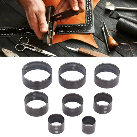 Eight Piece Round Leather Cutting Die Set With Alloy Steel Punching Tools 25 To 60mm in use for crafting leather projects