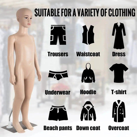 43.3 Inch Height Child Mannequin Full Body Realistic Adjustable Detachable Mannequin Display Head Turns Dress Form With Metal Base Gender Neutral For Fashion Retail Photo Shoots showcasing clothing options on mannequin.