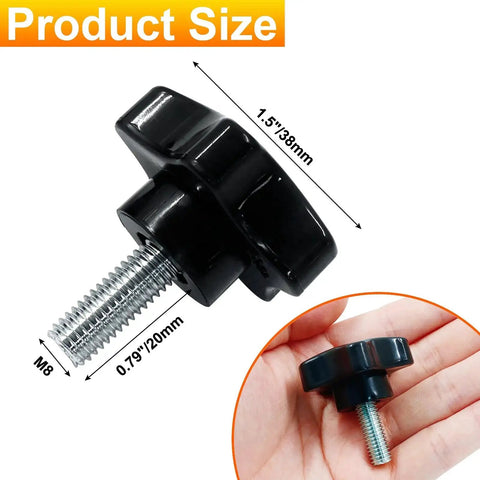Star Hand Tightening Screw Knob M8x20mm Clamping Handle For Umbrella Base Black shown in hand with size measurements