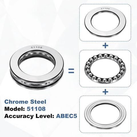 uxcell thrust ball bearings, 2 pcs, 40mm bore, 60mm OD, 13mm thick, chrome steel, ABEC5 model 51108.