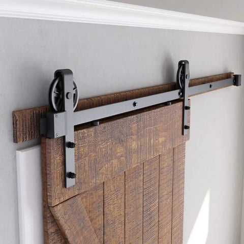 Heavy Duty Sliding Barn Door Hardware Kit In Black For Smooth Quiet Operation And Easy Installation, installed view