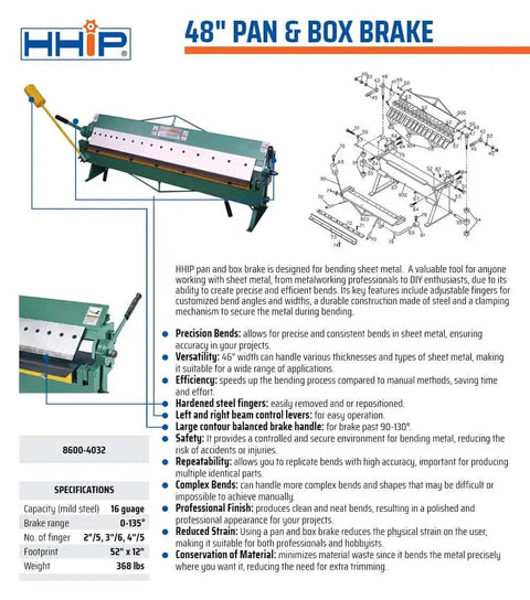 Beefy 48 Inch Sheet Metal Pan And Box Brake For 16 Gauge Steel And 11 Gauge Aluminum With Hardened Steel Box Fingers.