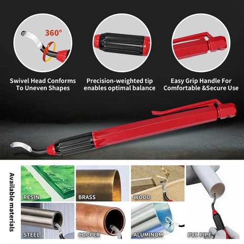 Deburring Tool Kit With 16 High Speed Steel M2 Blades shown with resin, brass, wood, steel, copper, aluminum, and PVC pipe materials.
