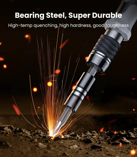 Close-up of 115-In-1 Precision Screwdriver Set With Pro-Grade Magnetic Bits showing sparks, highlighting steel durability.