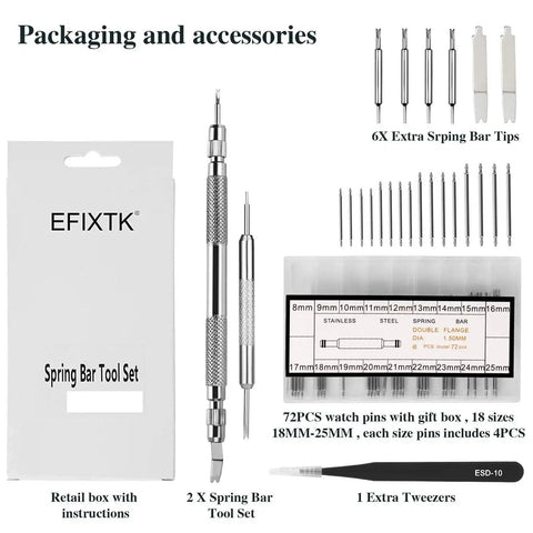 Pro Grade Spring Bar Tool Set For Watch Bands With 6 Extra Tips And 72 Pins, Easy Strap Removal And Repair Kit With Tweezers