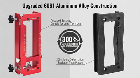 Pro Grade Durable Aluminum Door Hinge Jig Kit For Adjustable Mortise Template Fits 2.5 To 5 Inch Hinges With One Quarter Inch And Five Eighths Radius And Square Corners Router Jig With Precision Scale showcasing aluminum and plastic comparison.