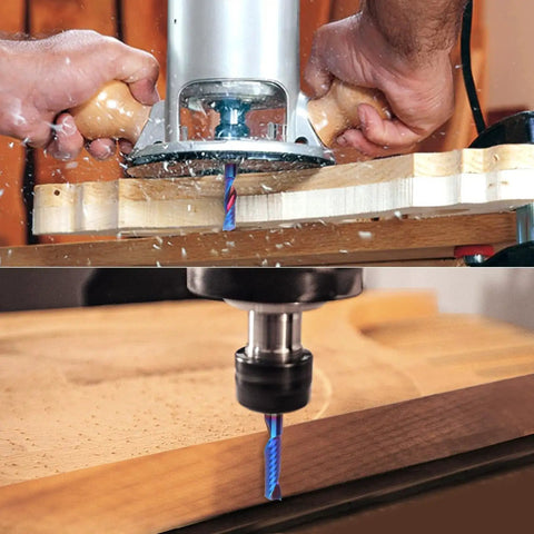 Solid Carbide Single Flute End Mill One Quarter Inch Shank Upcut CNC Router Bit used on wood with nano blue coating