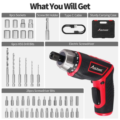 4V Cordless Screwdriver Kit With 44 Accessories, 5.65Nm Torque, 200 RPM, 5 Plus 1 Torque Settings, Dual Position Handle And LED Light