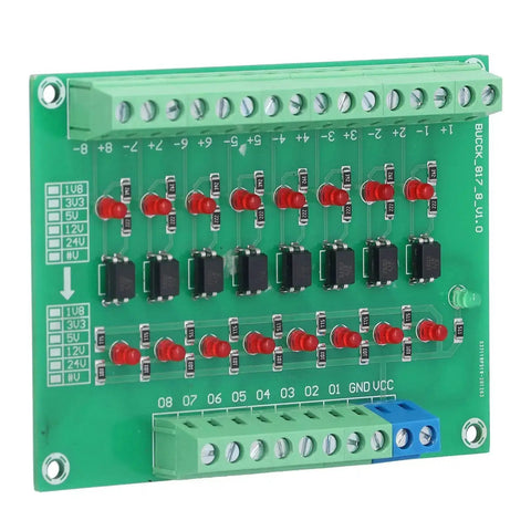 Eight Channel Optical Isolation Module 24V To 5V Optocoupler PLC Signal Converter Board with visible components and terminals