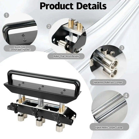 Three Station Edge Roller Bender with 0-90 Degree Adjustable Bends showing handles, rollers, and depth gauge details