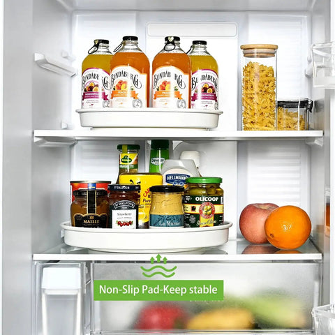 10 Inch Lazy Susan Organizer Set Amolliar 3 Pack, Rotating Kitchen Cabinet Turntable holding spices and bottles in fridge.
