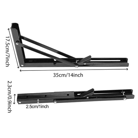 Heavy Duty 14 Inch Folding Shelf Brackets With 440 Lb Max Load For Wall Mounted Collapsible Shelves And Work Benches Locking Metal Brackets In Cold Rolled Steel With Brushed Finish Great For Garage Shop Or Kitchen Storage 4 Pack ZoenHou, side view showing dimensions.