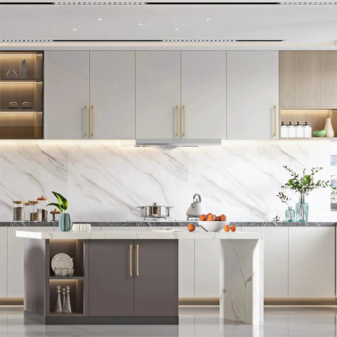 Modern kitchen with 10 Pack 7.5 Inch Champagne Bronze Cabinet Pulls on white cabinets and drawers, featuring stylish marble countertops.