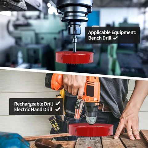 Red Bi Metal Hole Saw Kit With Arbor And Pilot Drill Bit for various drills, showing close-up on drill setups with 6.1 inch cutter.