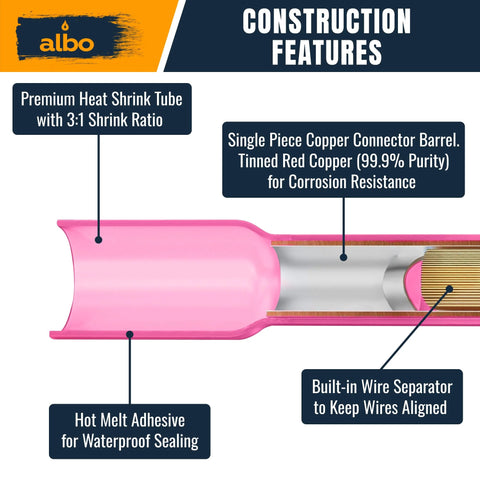 ALBO heat shrink butt connectors; pink insulated tubes with copper barrels for 0.5-1.5mm2 wiring, waterproof seal.