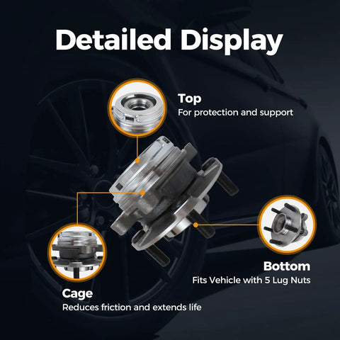 Detailed view of Two Pack Front Wheel Hub Bearing Assembly 513296 with labeled parts for Nissan and Infiniti, 5 lug fitment.