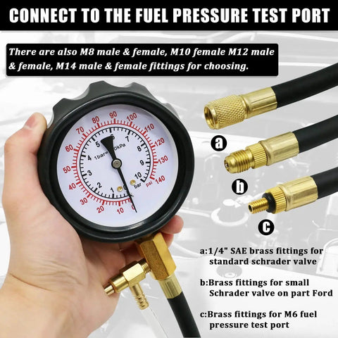 Universal Fuel Pressure Tester Kit For Cars Trucks Motorcycles 0-140 PSI with gauge and brass fittings for M6 and M14 ports