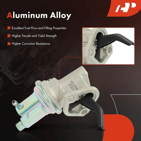 Mechanical Fuel Pump For Jeep And AMC Classics Fits Wrangler Cherokee CJ Series Commando DJ5 J Trucks J10 J20 Scrambler Ambassador Concord And More Durable Replacement Fuel Pump For Vintage L6 Engines showing aluminum alloy and hose fitting.