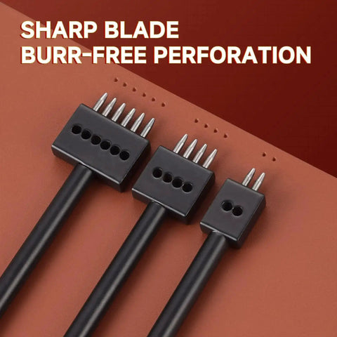 Pro Grade 3 Piece Prong Punch Tool Set For Leather Crafting, showing 2/4/6 prong punches, perfect for diamond lacing and stitching.