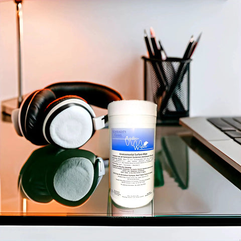 Hearing Aid Cleaning Towelettes Kit With 160 Wipes And Battery Keychain next to headphones on a desk